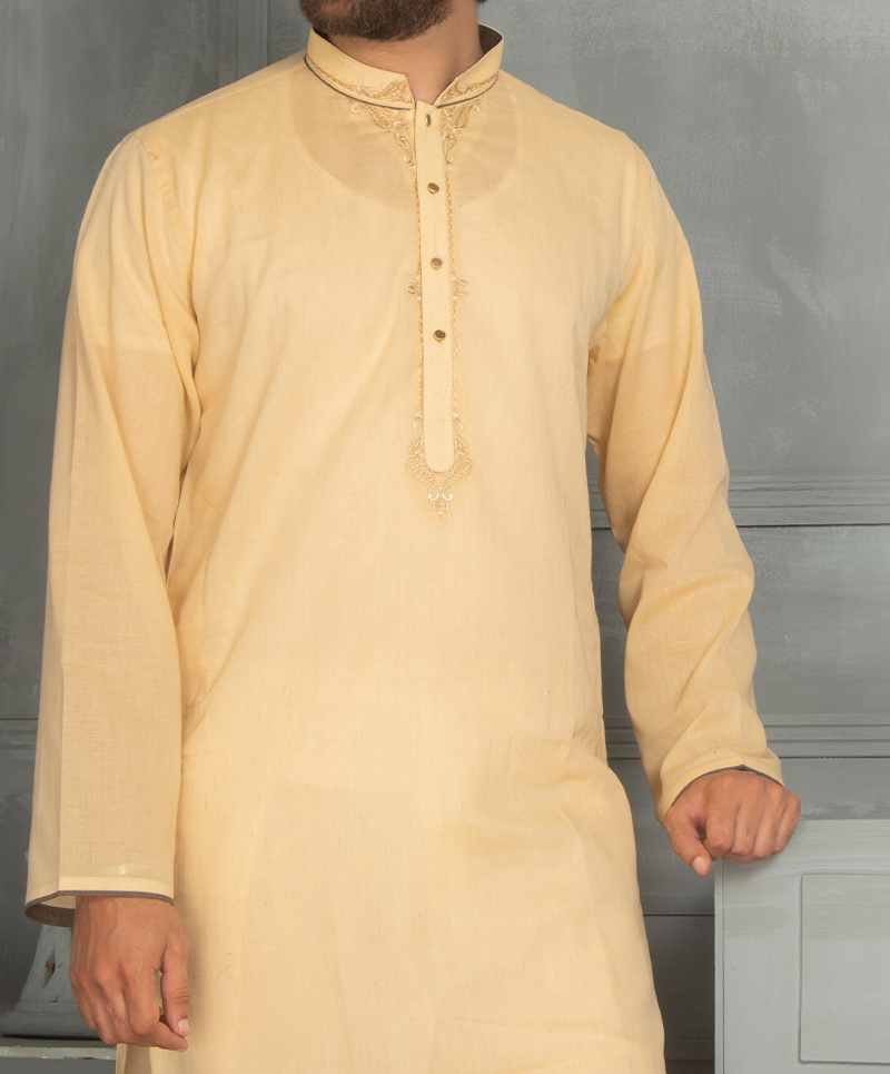 Men Embroidery Kurta - Yellow