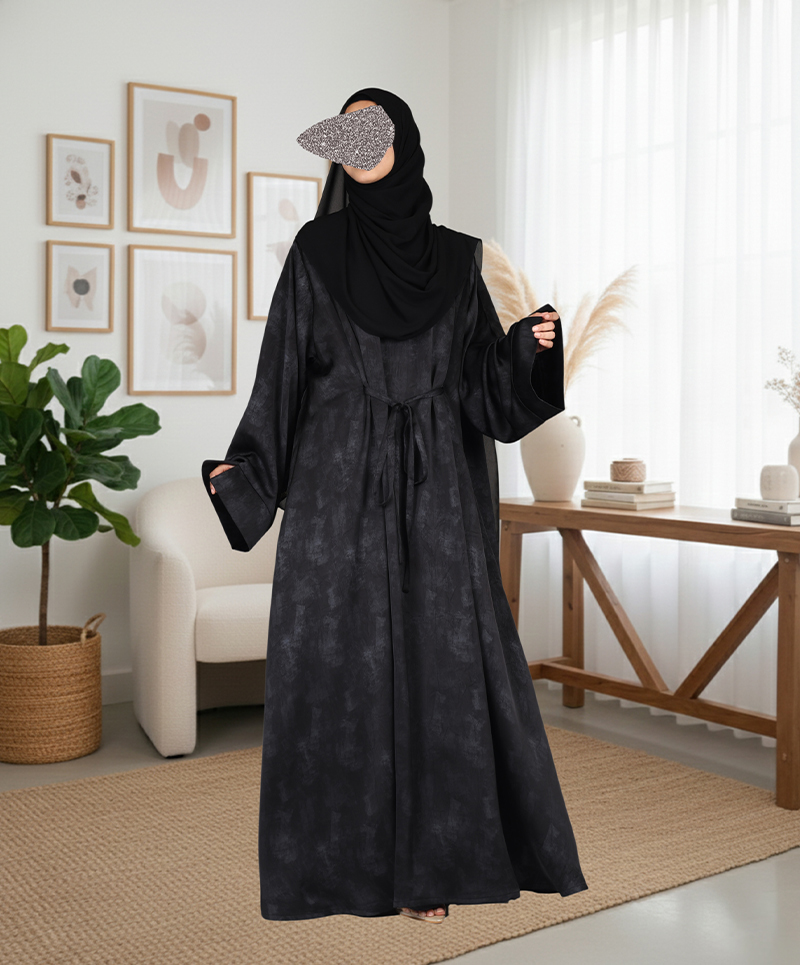 Satin-Dori 3 Pc Set Abaya - Black