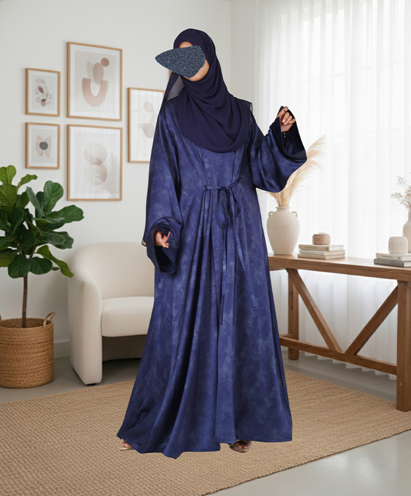 Satin-Dori 3 Pc Set Abaya - Navy