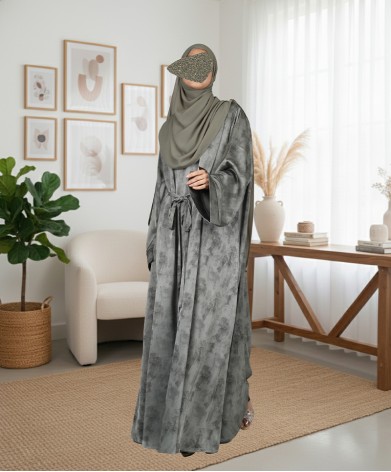 Satin-Dori 3 Pc Set Abaya - Olive