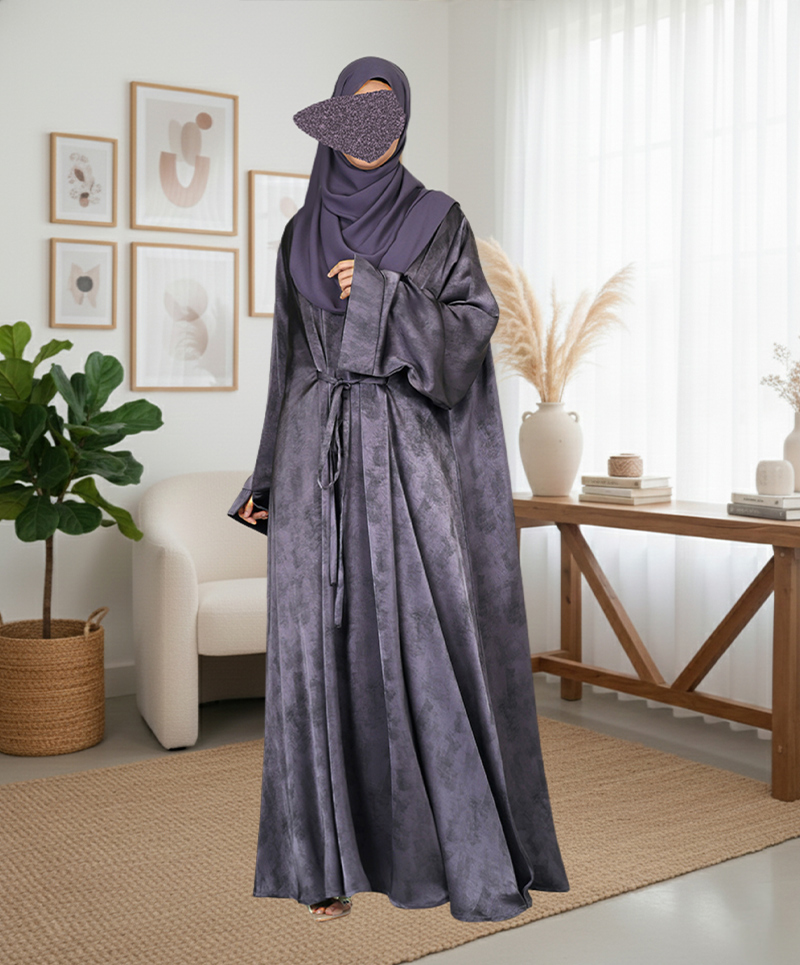 Satin-Dori 3 Pc Set Abaya - Slate Grey