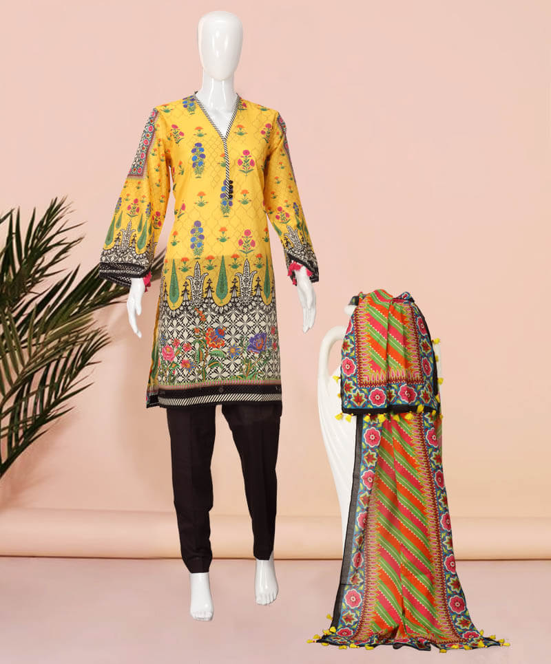 Bright Yellow 3 Pc Stitched Suit