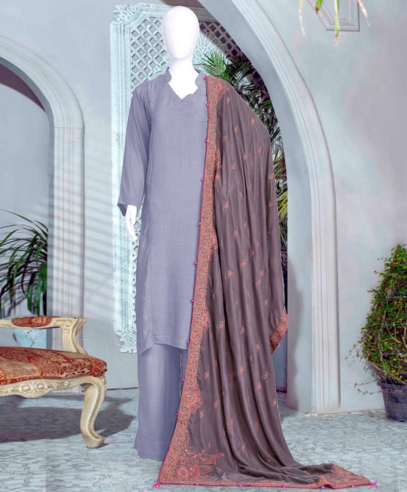 Surmaie Velvet 3Pc Stitched Suit- Grey