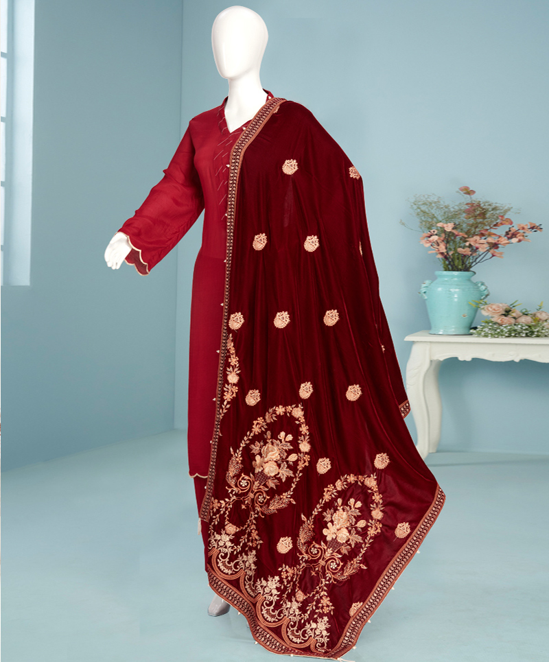 Qarmeezi Velvet 3Pc Stitched Suit- Maroon