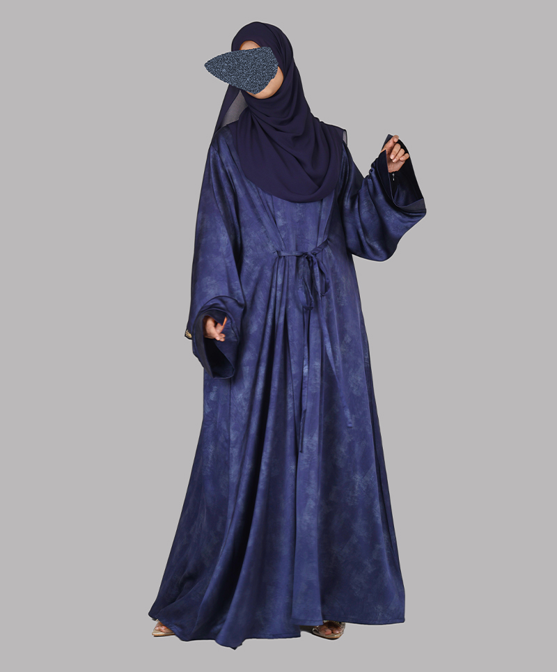 Satin-Dori 3 Pc Set Abaya - Navy
