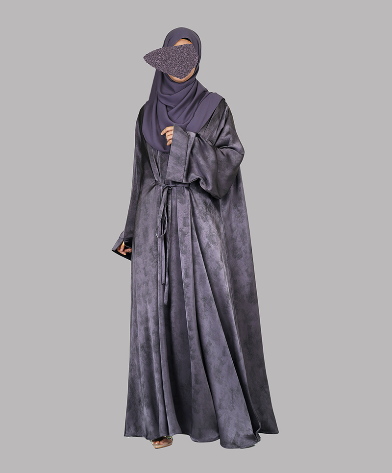 Satin-Dori 3 Pc Set Abaya - Slate Grey