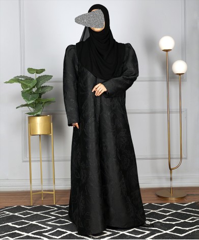 Jacquard Print Abaya - Black