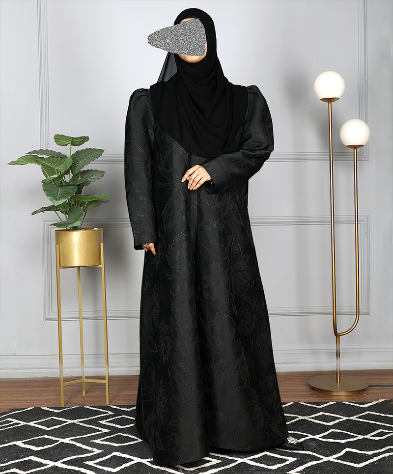 Jacquard Print Abaya - Black