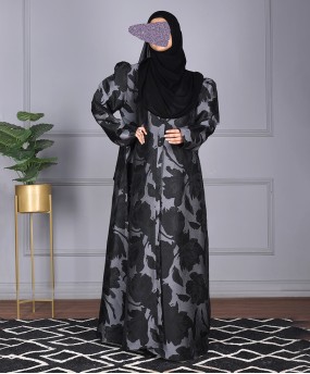 Jacquard Print Abaya - Grey