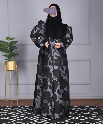 Jacquard Print Abaya - Grey