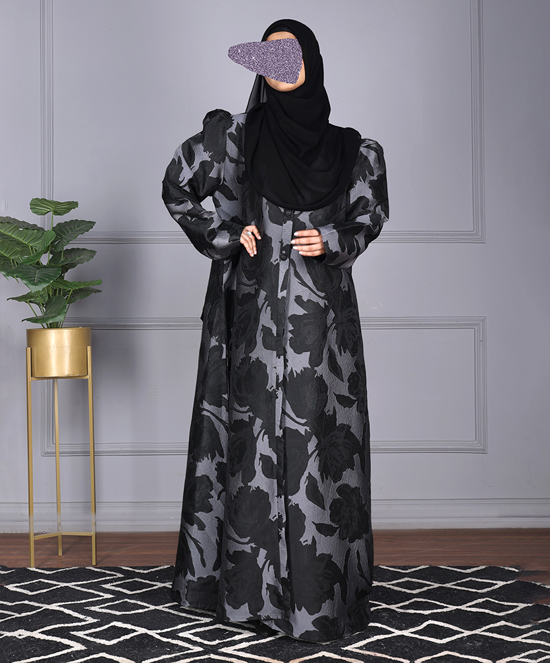 Jacquard Print Abaya - Grey