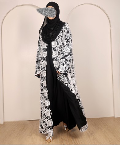 White Flower 4 Pc Set Abaya