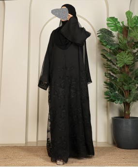 Organza Flower Abaya - Black