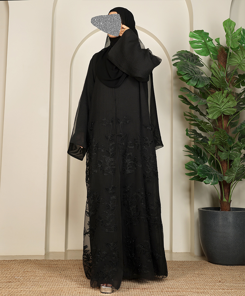 Organza Flower Abaya - Black