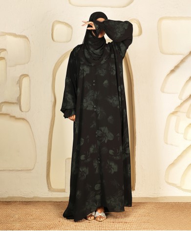 Abaya 3 Pc Set Self Print- Green