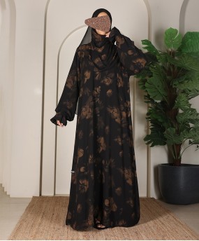 Abaya 3 Pc Set Self Print- Gold