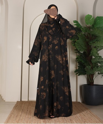Abaya 3 Pc Set Self Print- Gold