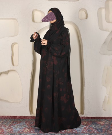 Abaya 3 Pc Set Self Print- Red