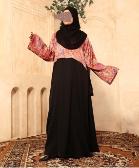 Satin Print 3 Pc Set Abaya - Black