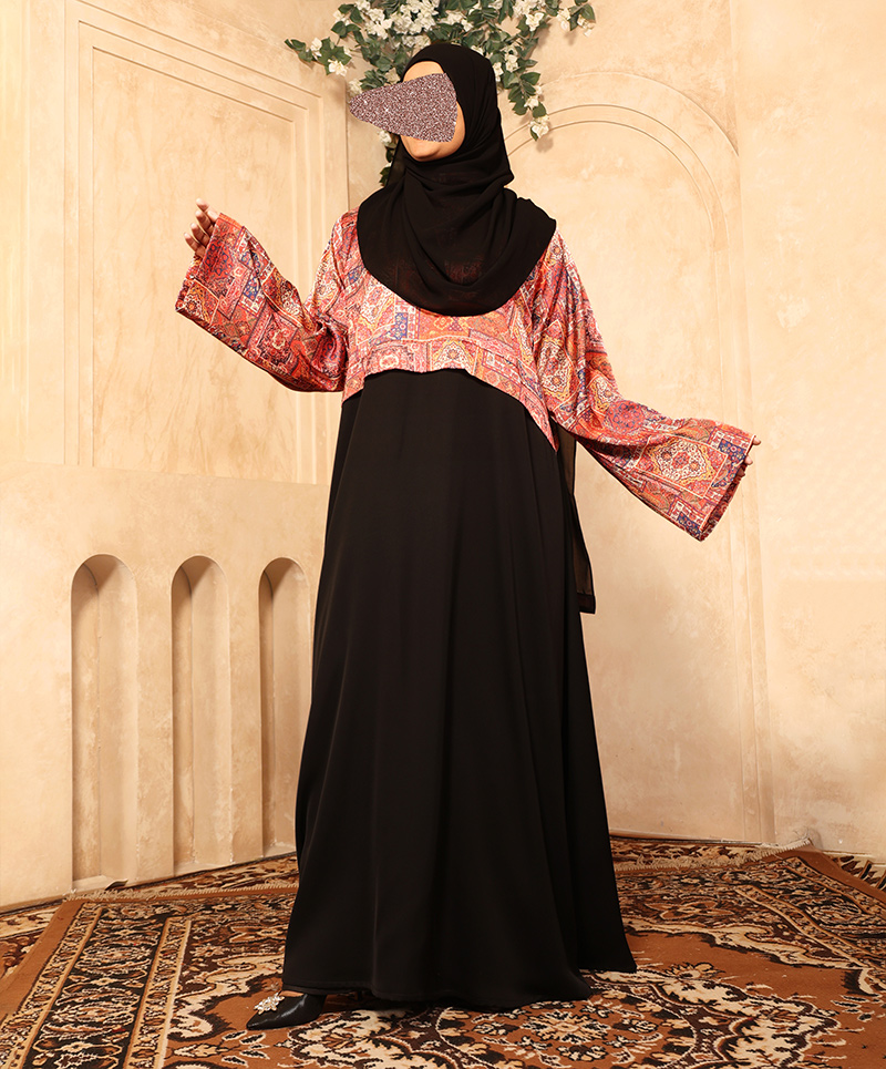 Satin Print 3 Pc Set Abaya - Black