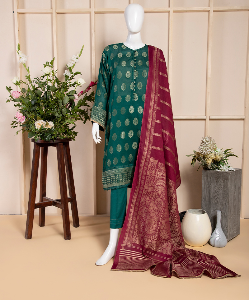 Aadin Jacquard Green 3Pc Stitched Suit