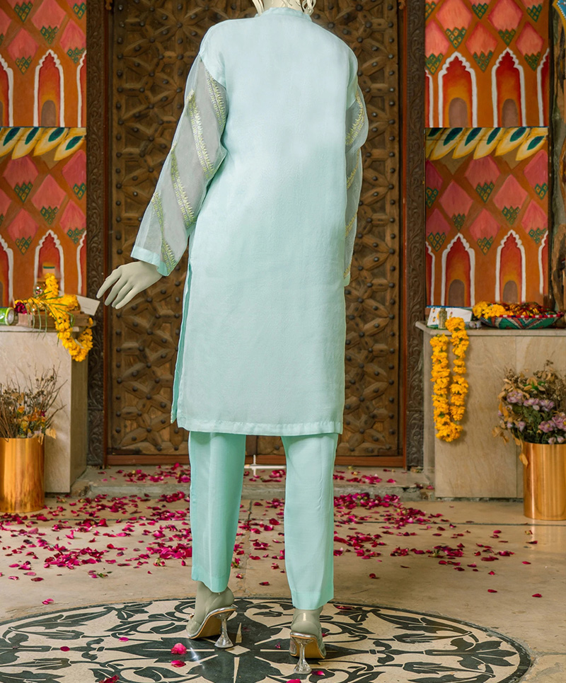 STP-063A-Turquoise - 2PC PREMIUM EMBROIDERED ORGANZA STITCHED