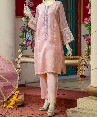 Organza 2Pc Stitched Suit-Peach