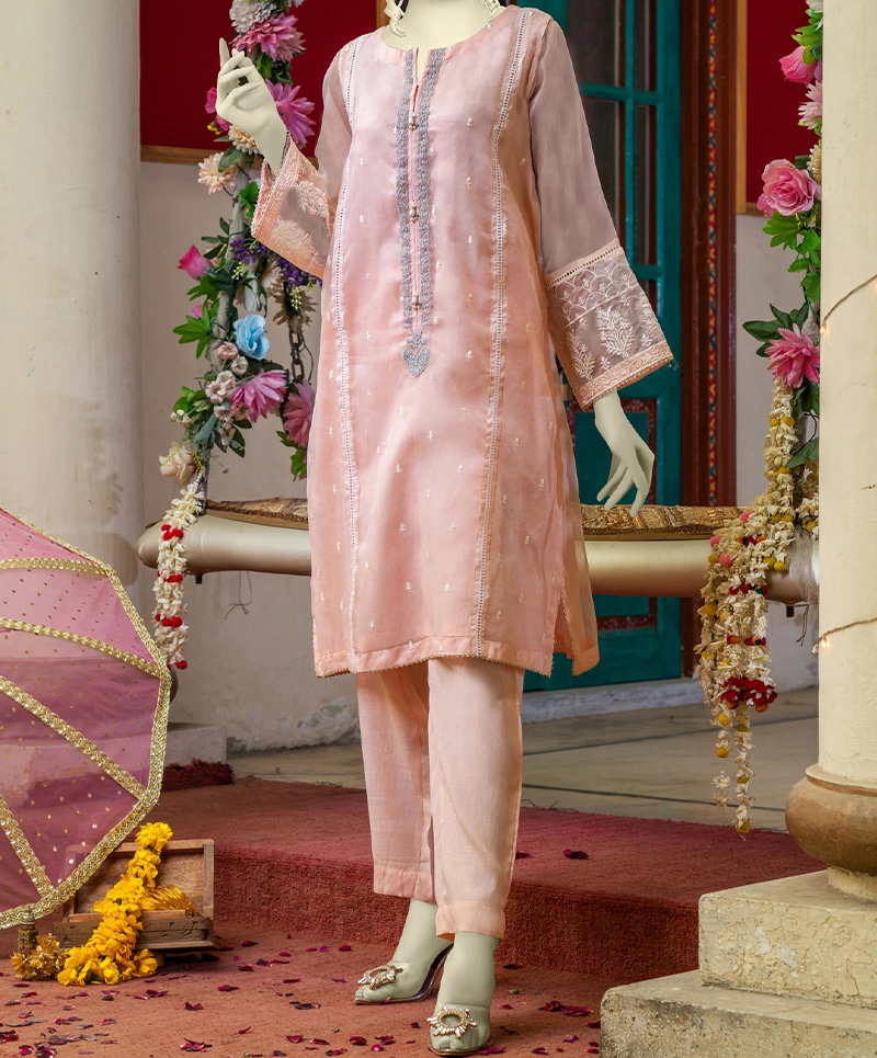 Organza 2Pc Stitched Suit-Peach