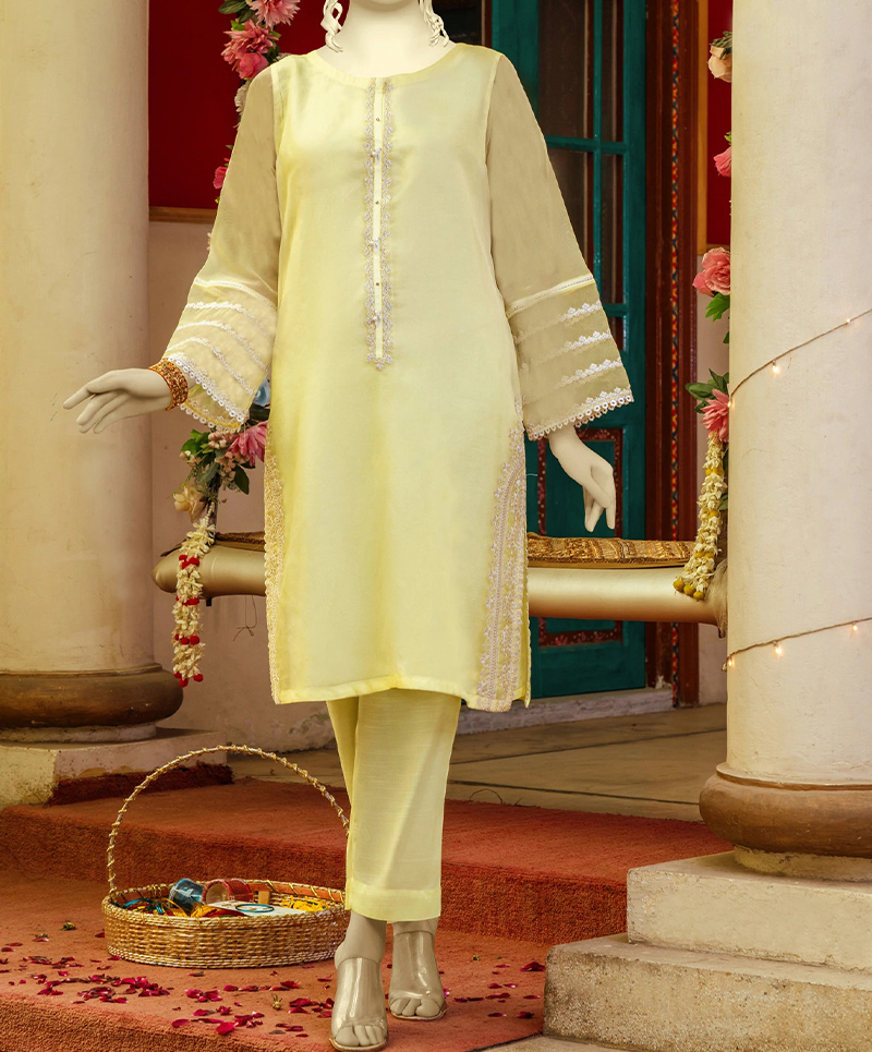 Organza 2Pc Stitched Suit-Yellow