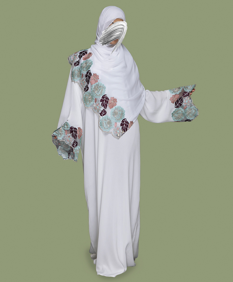 Flower 2 Piece Set Abaya - Off White