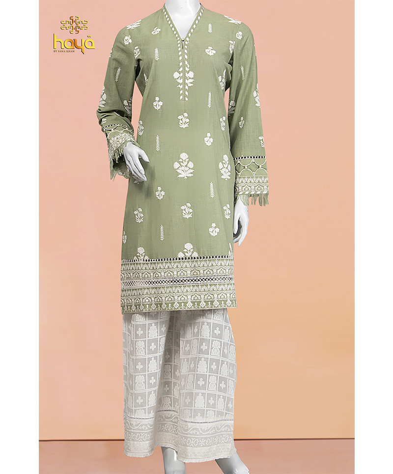 MOSS GREEN CHIKANKARI LAWN 2PC UNSTITCHED